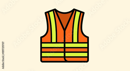 An illustration of an orange safety vest with reflective strips on a neutral background from a front viewpoint