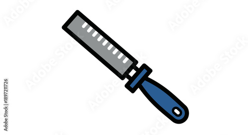 Illustration of a sharp kitchen knife with a blue handle on a plain white background viewed from a slight angle