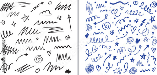 A diverse collection of hand-drawn vector elements featuring expressive black scribbles and vibrant blue doodles, including spirals, hearts, stars, clouds, and varied energetic line marks.