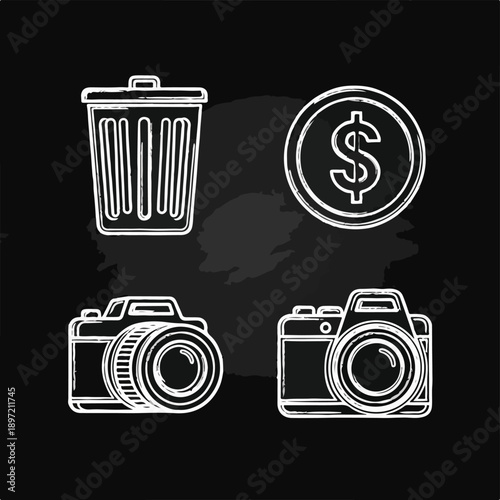 Chalkboard style icons featuring photography equipment, a dollar coin, and a trash bin, representing concepts of digital content, earnings, and deletion.