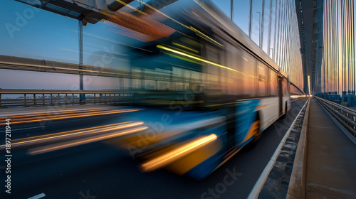 A bus is driving on a road with a bridge in the background