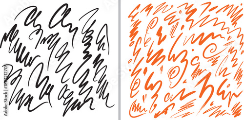 A creative set of hand-drawn abstract scribbles and expressive ink strokes in black and bright orange. These messy, energetic lines are ideal for artistic textures and backgrounds.