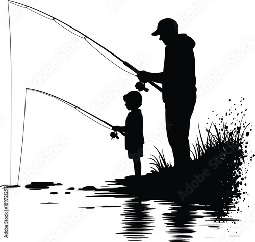 Father teaching son fishing silhouette, peaceful lakeside bonding moment, outdoor nature activity, black white vector illustration artwork