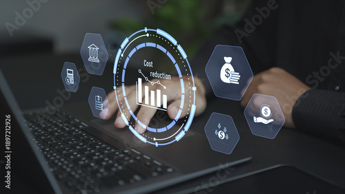 Фотография Digital cost reduction strategy with virtual icons for budgeting, analytics and optimization