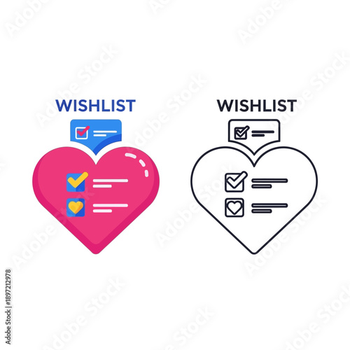 Two heart icons representing wishlists with checklist items and notification bubbles.