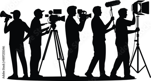 Film crew silhouettes production team with camera boom lights, filmmaking process, media studio vector illustration design artwork