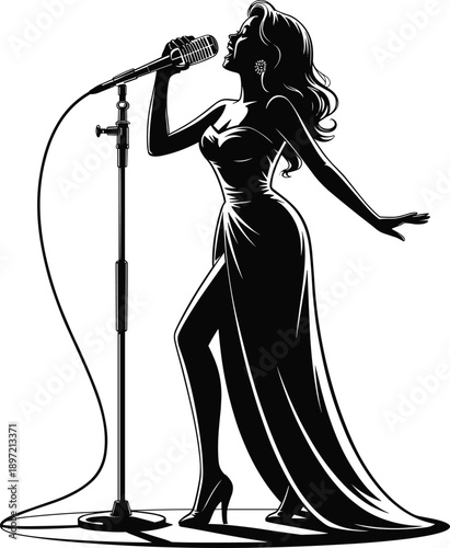 WebFemale singer silhouette performing microphone, elegant stage performance, music concert art, black white vector illustration design