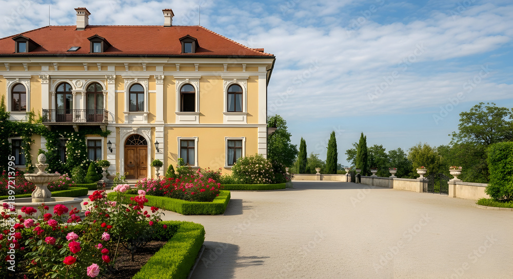 Obraz premium Luxurious mansion with beautifully manicured gardens and driveway.