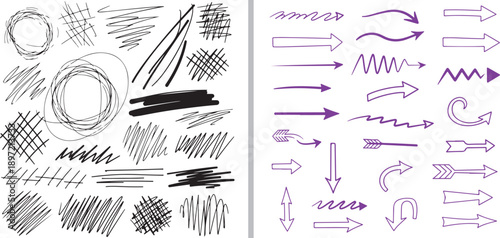 A comprehensive set of hand-drawn vector elements featuring black ink scribbles and vibrant purple arrows in varied sketch styles, from textured crosshatches to expressive pointers.