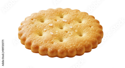 Single round golden brown biscuit cracker with scalloped edges. Isolated on transparent background, png
