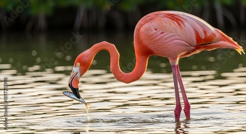 Pink American Flamingo catching fish in shallow water with reflections, long neck bent, wildlife bird