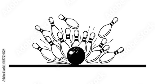 Bowling ball striking pins in a dynamic illustration from a front viewpoint