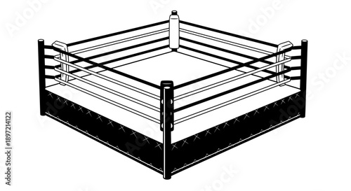 Aerial view of an empty boxing ring with ropes and canvas, illustration, isolated on a plain background