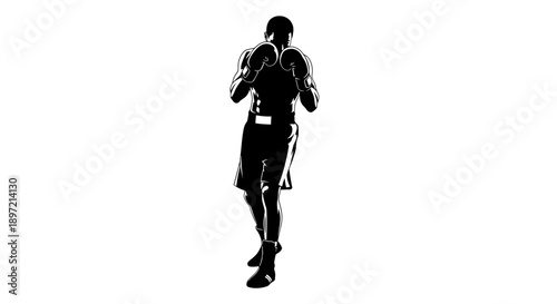 A silhouette of a woman in boxing gloves preparing to fight in a studio setting from a side viewpoint