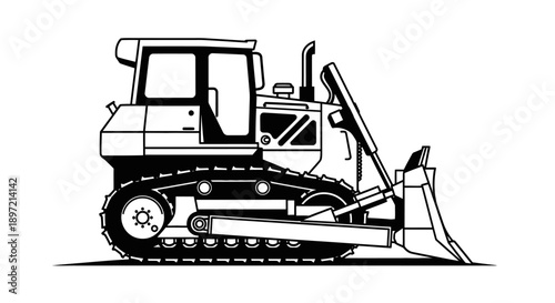 A bulldozer is positioned on a construction site, viewed from the side, showing its tracks and front blade
