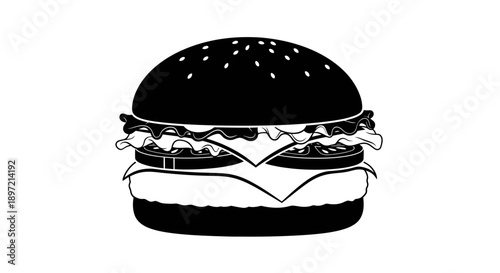 Illustration of a black and white burger with lettuce and sesame seeds on a bun viewed from the front