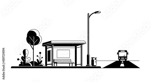 A bus stop shelter with a bench and a streetlight beside a road with a bus driving towards it in a simple illustration