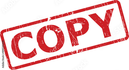 Clear red grunge style rubber stamp featuring the capitalized word COPY diagonally presented on a bright white surface