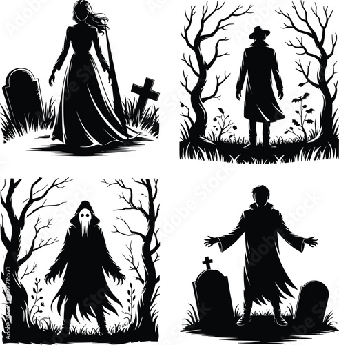 Spooky graveyard silhouettes set, ghostly figures among tombstones trees, dark horror scene, Halloween vector illustration collection artwork