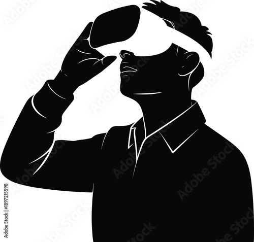 Virtual reality headset user silhouette, man experiencing VR technology, immersive digital simulation, black white vector illustration design