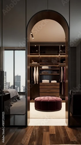 Wallpaper Mural Luxurious Walk In Closet With Plush Ottoman And Organized Clothing Storage illuminated by warm recessed lighting Torontodigital.ca