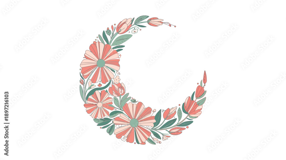 Fototapeta premium Crescent Moon Shape Floral Decorative Design.
