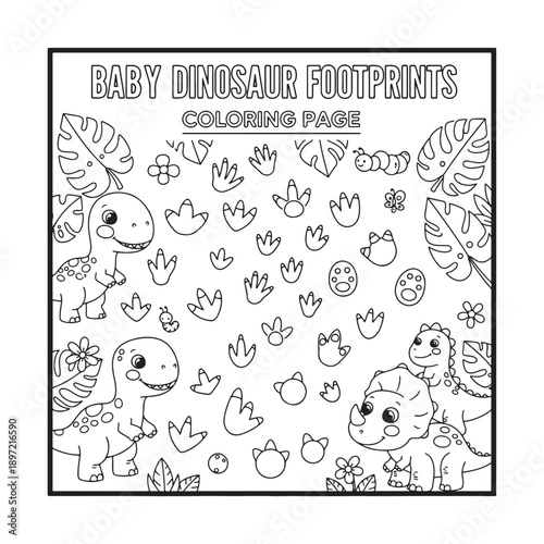Baby Dinosaur Footprints Coloring Page, Cute Prehistoric Activity Line Art