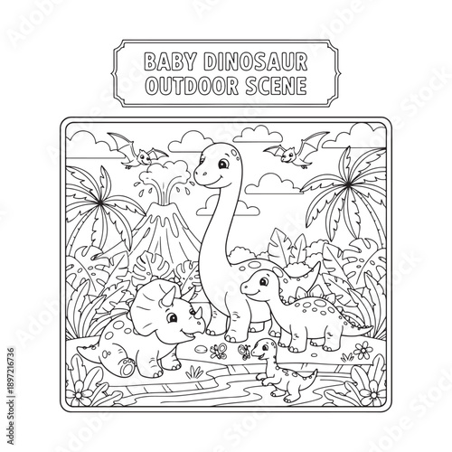 Baby Dinosaur Outdoor Scene Coloring Page, Cute Prehistoric Line Art for Kids