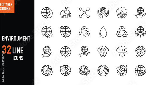 Environment Line Icon Set Featuring Eco Friendly Nature Sustainability Green Energy Recycling Global Warming Ecology Conservation Earth Day and Renewable Organic Biology Symbols