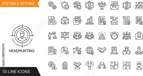 Professional HR Recruitment and Headhunting Line Icon Set Featuring Talent Acquisition Employment Career Growth Executive Search and Human Resources Business Management Symbols