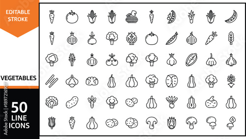 Set of Fifty Linear Vegetable Icons Representing Fresh Healthy Organic Produce Vegan Food Nutrition Gardening Farming Culinary Ingredients Grocery Shopping and Balanced Dieting