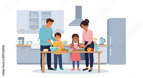 Vector illustration of a family preparing Iftar together in a modern kitchen with a warm atmosphere, celebrating Ramadan Kareem.