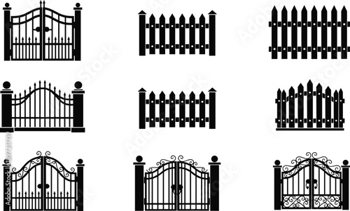 Black wrought iron gate and wooden fence silhouettes set cad drawing flat vector illustration isolated on white background for architectural design