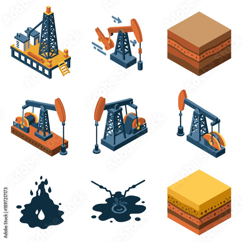 Oil rigs and petroleum extraction icons set.