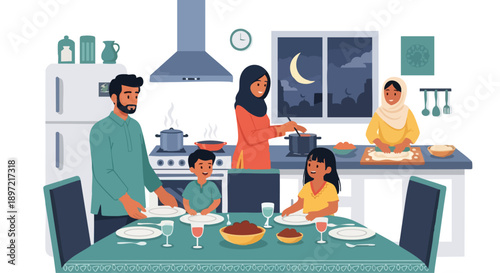 Vector illustration of a family preparing Iftar together in a kitchen with a Ramadan Kareem celebration, warm and inviting atmosphere with a moonlit window.