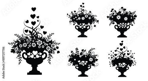 Black and white flower arrangements in ornate urns with heart designs on a simple background