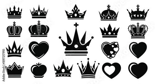 Collection of royal crowns and heart symbols in black on white icons for luxury love and royalty concepts