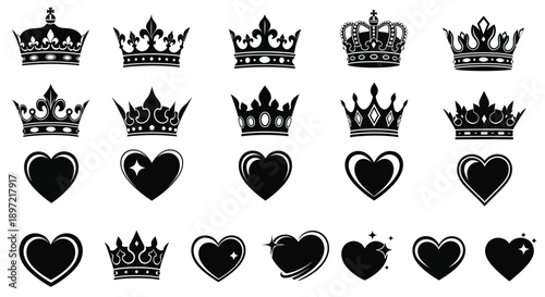 Black and white crowns and hearts icons set royal and love symbols symbol and logo collection on clean background