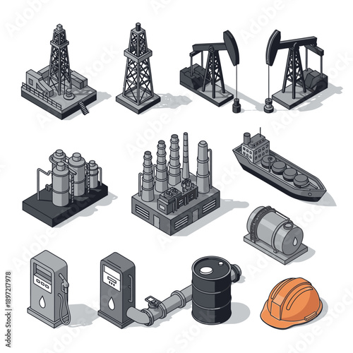 Oil rigs and equipment for petroleum extraction and processing.