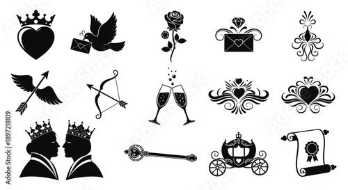 Collection of romantic wedding icons including hearts couples gifts and symbols of love and marriage on white background