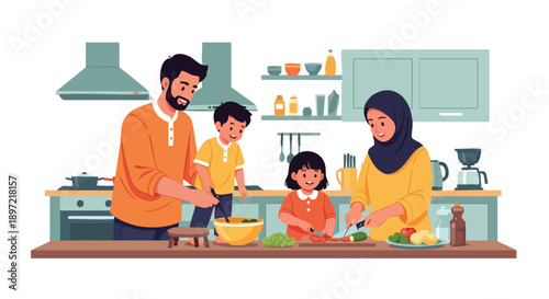A Muslim family prepares Iftar together in a modern kitchen with a warm atmosphere, Ramadan Kareem celebration.