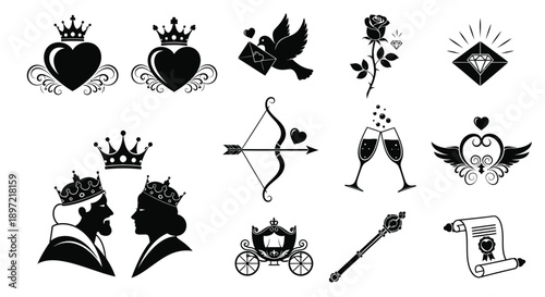 Black silhouette icons for valentine's day and wedding including hearts couples love symbols and romantic elements
