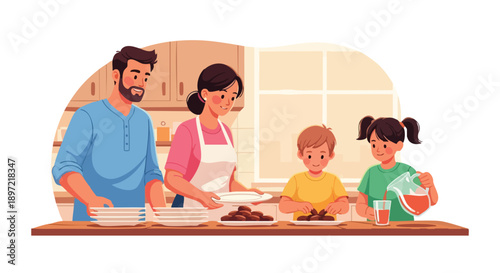 A family of four prepares Iftar together in a kitchen, with traditional Ramadan Kareem meal on the table, conveying a warm and inviting atmosphere.