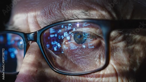 Close up of older person wearing glasses reflecting data. Focus on the eye and data