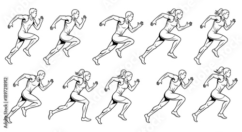 black and white line art of dynamic male and female sprinters in various running poses illustrating speed endurance and athleticism