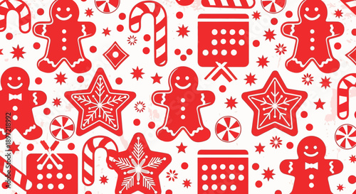 christmas seamless pattern with red gingerbread cookies candy canes stars and gift boxes on white for festive holiday background design.