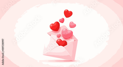 Hearts emerging from an open envelope, symbolizing love and affection, viewed from a slight angle, illustration