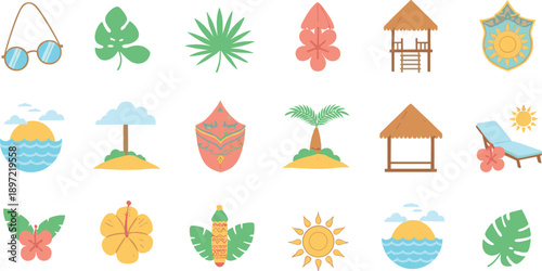 Set of tropical beach and island icons including palm leaves, huts, sun, ocean waves, flowers, and summer elements, colorful cartoon vector illustrations