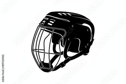 Hockey Helmet Silhouette: A minimalist monochrome depiction of a hockey helmet, showcasing its protective cage and streamlined design. This striking graphic exudes a sense of strength, sport.