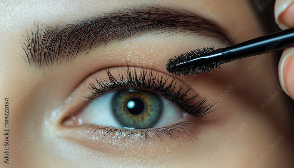 Naklejka premium Woman applies black mascara to her long lashes. Closeup eye with defined eyebrows and green iris. Beauty routine focus on makeup application